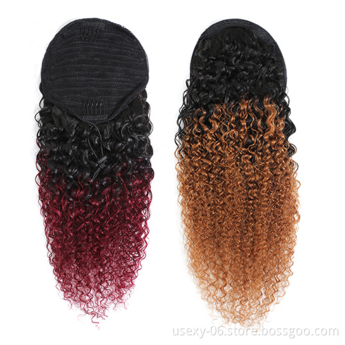 Wholesale colored 1b 30 1b 99j 100% curly virgin natural drawstring ombre extensions human hair ponytails